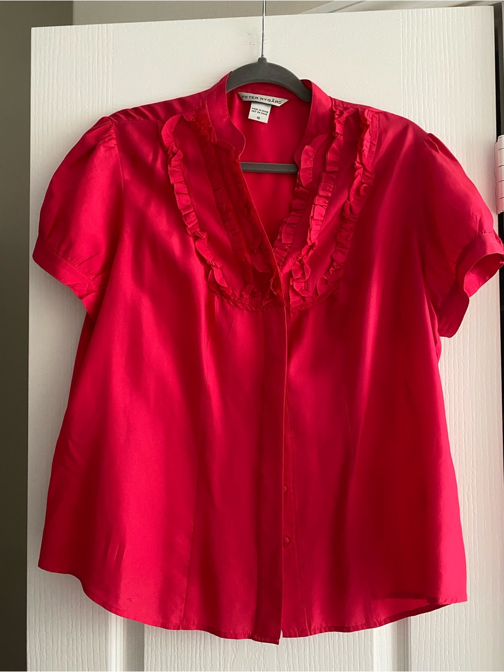 Peter Nygard Red Ruffle-Trim Short Sleeve Blouse